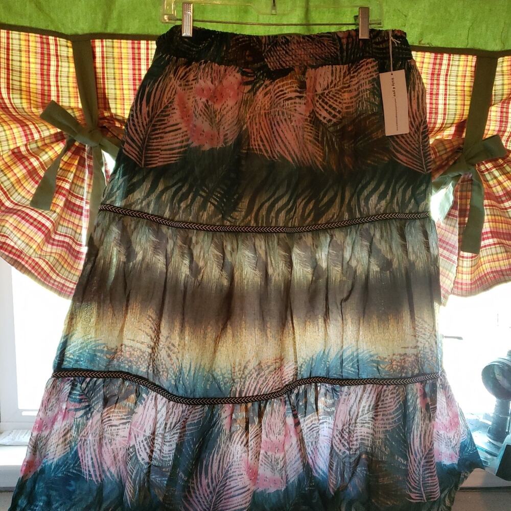 Truly 4 You Tropical‎ Palm Smocked Tiered Maxi Skirt Green Pink NWT